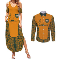 Custom Australia Rugby Championship 2024 Couples Matching Summer Maxi Dress and Long Sleeve Button Shirt Aboriginal Art Tattoo Pattern LT03 Yellow - Polynesian Pride