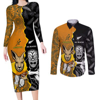 Custom New Zealand and Australia Rugby Championship 2024 Couples Matching Long Sleeve Bodycon Dress and Long Sleeve Button Shirt Maori Warrior and Kangaroo Mascot with Fern Aboriginal LT03 Black - Polynesian Pride