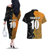 Custom New Zealand and Australia Rugby Championship 2024 Couples Matching Off The Shoulder Long Sleeve Dress and Hawaiian Shirt Maori Warrior and Kangaroo Mascot with Fern Aboriginal LT03 - Polynesian Pride
