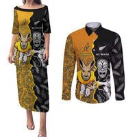 Custom New Zealand and Australia Rugby Championship 2024 Couples Matching Puletasi and Long Sleeve Button Shirt Maori Warrior and Kangaroo Mascot with Fern Aboriginal LT03 Black - Polynesian Pride