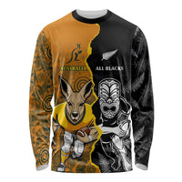 Custom New Zealand and Australia Rugby Championship 2024 Long Sleeve Shirt Maori Warrior and Kangaroo Mascot with Fern Aboriginal LT03 Unisex Black - Polynesian Pride
