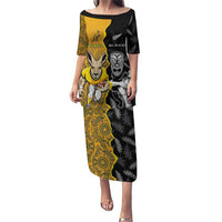 Custom New Zealand and Australia Rugby Championship 2024 Puletasi Maori Warrior and Kangaroo Mascot with Fern Aboriginal LT03 Long Dress Black - Polynesian Pride