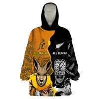 Custom New Zealand and Australia Rugby Championship 2024 Wearable Blanket Hoodie Maori Warrior and Kangaroo Mascot with Fern Aboriginal LT03 One Size Black - Polynesian Pride