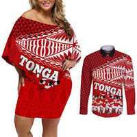 Tonga Rugby Couples Matching Off Shoulder Short Dress and Long Sleeve Button Shirts Sipi Tau Dance Ngatu Pattern LT03 Red - Polynesian Pride