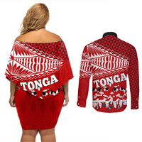 Tonga Rugby Couples Matching Off Shoulder Short Dress and Long Sleeve Button Shirts Sipi Tau Dance Ngatu Pattern LT03 - Polynesian Pride