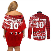Personalised Tonga Rugby Couples Matching Off Shoulder Short Dress and Long Sleeve Button Shirts Sipi Tau Dance Ngatu Pattern LT03 - Polynesian Pride