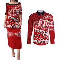 Personalised Tonga Rugby Couples Matching Puletasi Dress and Long Sleeve Button Shirts Sipi Tau Dance Ngatu Pattern LT03 Red - Polynesian Pride