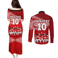 Personalised Tonga Rugby Couples Matching Puletasi Dress and Long Sleeve Button Shirts Sipi Tau Dance Ngatu Pattern LT03 - Polynesian Pride