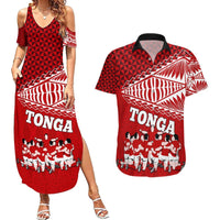 Personalised Tonga Rugby Couples Matching Summer Maxi Dress and Hawaiian Shirt Sipi Tau Dance Ngatu Pattern LT03 Red - Polynesian Pride
