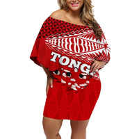 Personalised Tonga Rugby Off Shoulder Short Dress Sipi Tau Dance Ngatu Pattern LT03 Women Red - Polynesian Pride
