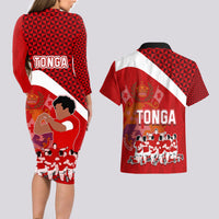 Tonga Rugby Couples Matching Long Sleeve Bodycon Dress and Hawaiian Shirt Sipi Tau Dance Coat of Arms Ngatu Pattern LT03 - Polynesian Pride