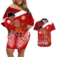 Tonga Rugby Couples Matching Off Shoulder Short Dress and Hawaiian Shirt Sipi Tau Dance Coat of Arms Ngatu Pattern LT03 Red - Polynesian Pride