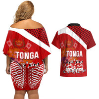 Tonga Rugby Couples Matching Off Shoulder Short Dress and Hawaiian Shirt Sipi Tau Dance Coat of Arms Ngatu Pattern LT03 - Polynesian Pride