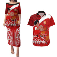 Tonga Rugby Couples Matching Puletasi Dress and Hawaiian Shirt Sipi Tau Dance Coat of Arms Ngatu Pattern LT03 Red - Polynesian Pride