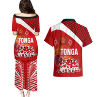 Tonga Rugby Couples Matching Puletasi Dress and Hawaiian Shirt Sipi Tau Dance Coat of Arms Ngatu Pattern LT03 - Polynesian Pride