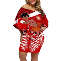 Tonga Rugby Off Shoulder Short Dress Sipi Tau Dance Coat of Arms Ngatu Pattern LT03 Women Red - Polynesian Pride