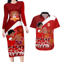 Personalised Tonga Rugby Couples Matching Long Sleeve Bodycon Dress and Hawaiian Shirt Sipi Tau Dance Coat of Arms Ngatu Pattern LT03 Red - Polynesian Pride