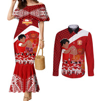Personalised Tonga Rugby Couples Matching Mermaid Dress and Long Sleeve Button Shirts Sipi Tau Dance Coat of Arms Ngatu Pattern LT03 Red - Polynesian Pride
