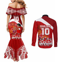 Personalised Tonga Rugby Couples Matching Mermaid Dress and Long Sleeve Button Shirts Sipi Tau Dance Coat of Arms Ngatu Pattern LT03 - Polynesian Pride
