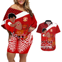 Personalised Tonga Rugby Couples Matching Off Shoulder Short Dress and Hawaiian Shirt Sipi Tau Dance Coat of Arms Ngatu Pattern LT03 Red - Polynesian Pride