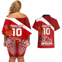 Personalised Tonga Rugby Couples Matching Off Shoulder Short Dress and Hawaiian Shirt Sipi Tau Dance Coat of Arms Ngatu Pattern LT03 - Polynesian Pride