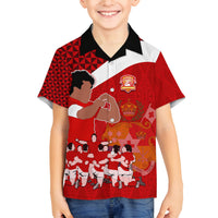 Personalised Tonga Rugby Family Matching Off Shoulder Long Sleeve Dress and Hawaiian Shirt Sipi Tau Dance Coat of Arms Ngatu Pattern LT03 Son's Shirt Red - Polynesian Pride