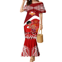 Personalised Tonga Rugby Mermaid Dress Sipi Tau Dance Coat of Arms Ngatu Pattern LT03 Women Red - Polynesian Pride