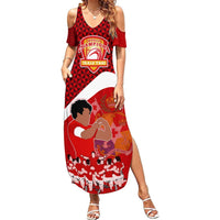 Personalised Tonga Rugby Summer Maxi Dress Sipi Tau Dance Coat of Arms Ngatu Pattern LT03 Women Red - Polynesian Pride