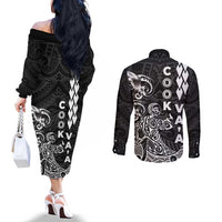 Cook Islands Vaa Polynesian Art Tattoo Couples Matching Off The Shoulder Long Sleeve Dress and Long Sleeve Button Shirt Black Color