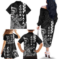 Cook Islands Va'a Polynesian Art Tattoo Family Matching Off The Shoulder Long Sleeve Dress and Hawaiian Shirt Black Color LT03 - Polynesian Pride