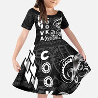 Cook Islands Va'a Polynesian Art Tattoo Family Matching Short Sleeve Bodycon Dress and Hawaiian Shirt Black Color LT03 Daughter's Dress Black - Polynesian Pride