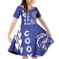 Cook Islands Va'a Polynesian Art Tattoo Family Matching Off Shoulder Short Dress and Hawaiian Shirt Blue Color LT03 Daughter's Dress Blue - Polynesian Pride
