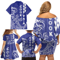Cook Islands Va'a Polynesian Art Tattoo Family Matching Off Shoulder Short Dress and Hawaiian Shirt Blue Color LT03 - Polynesian Pride