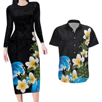 Hawaiian Plumeria and Turtle Couples Matching Long Sleeve Bodycon Dress and Hawaiian Shirt with Polynesian Tribal Art Pattern Vintage Vibes LT03 Black - Polynesian Pride
