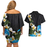 Hawaiian Plumeria and Turtle Couples Matching Off Shoulder Short Dress and Hawaiian Shirt with Polynesian Tribal Art Pattern Vintage Vibes LT03 - Polynesian Pride