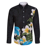 Hawaiian Plumeria and Turtle Family Matching Long Sleeve Bodycon Dress and Hawaiian Shirt with Polynesian Tribal Art Pattern Vintage Vibes LT03 Dad's Shirt - Long Sleeve Black - Polynesian Pride