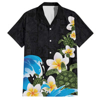 Hawaiian Plumeria and Turtle Family Matching Off The Shoulder Long Sleeve Dress and Hawaiian Shirt with Polynesian Tribal Art Pattern Vintage Vibes LT03 Dad's Shirt - Short Sleeve Black - Polynesian Pride