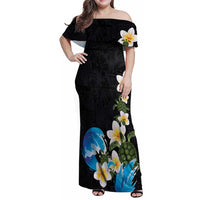 Hawaiian Plumeria and Turtle Family Matching Off Shoulder Maxi Dress and Hawaiian Shirt with Polynesian Tribal Art Pattern Vintage Vibes LT03 Mom's Dress Black - Polynesian Pride