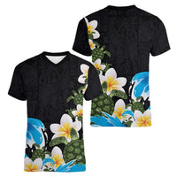 Hawaiian Plumeria and Turtle Women V-Neck T-Shirt with Polynesian Tribal Art Pattern Vintage Vibes