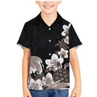 Hawaiian Plumeria and Turtle Family Matching Mermaid Dress and Hawaiian Shirt with Polynesian Tribal Art Pattern Grayscale Color LT03 Son's Shirt Black - Polynesian Pride