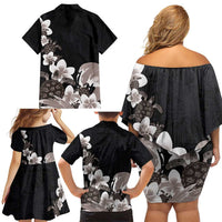 Hawaiian Plumeria and Turtle Family Matching Off Shoulder Short Dress and Hawaiian Shirt with Polynesian Tribal Art Pattern Grayscale Color LT03 - Polynesian Pride