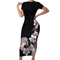 Hawaiian Plumeria and Turtle Family Matching Short Sleeve Bodycon Dress and Hawaiian Shirt with Polynesian Tribal Art Pattern Grayscale Color LT03 Mom's Dress Black - Polynesian Pride