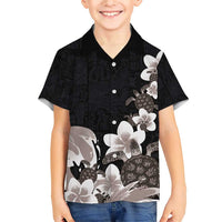Hawaiian Plumeria and Turtle Family Matching Short Sleeve Bodycon Dress and Hawaiian Shirt with Polynesian Tribal Art Pattern Grayscale Color LT03 Son's Shirt Black - Polynesian Pride