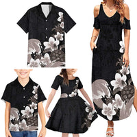 Hawaiian Plumeria and Turtle Family Matching Summer Maxi Dress and Hawaiian Shirt with Polynesian Tribal Art Pattern Grayscale Color LT03 - Polynesian Pride