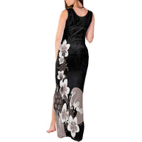 Hawaiian Plumeria and Turtle Tank Maxi Dress with Polynesian Tribal Art Pattern Grayscale Color