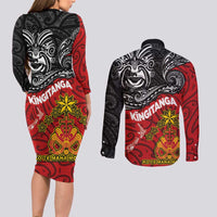The Kingitanga - Maori King Movement Couples Matching Long Sleeve Bodycon Dress and Long Sleeve Button Shirt Ko Te Mana Motuhake Emblem with Moko and Polynesian Art Tattoo