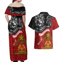 Maori King Movement Couples Matching Off Shoulder Maxi Dress and Hawaiian Shirt Ko Te Mana Motuhake Emblem with Moko and Polynesian Art Tattoo LT03 - Polynesian Pride