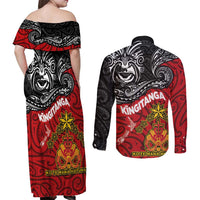 The Kingitanga - Maori King Movement Couples Matching Off Shoulder Maxi Dress and Long Sleeve Button Shirt Ko Te Mana Motuhake Emblem with Moko and Polynesian Art Tattoo