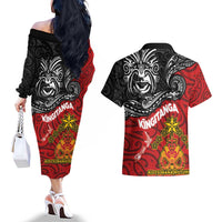 Maori King Movement Couples Matching Off The Shoulder Long Sleeve Dress and Hawaiian Shirt Ko Te Mana Motuhake Emblem with Moko and Polynesian Art Tattoo LT03 - Polynesian Pride