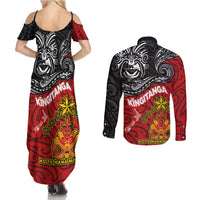 The Kingitanga - Maori King Movement Couples Matching Summer Maxi Dress and Long Sleeve Button Shirt Ko Te Mana Motuhake Emblem with Moko and Polynesian Art Tattoo